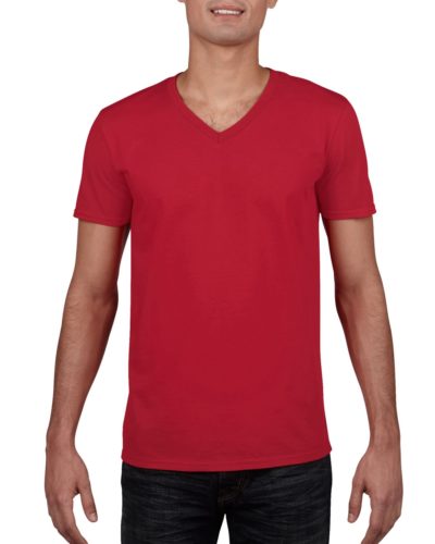 Customize Gildan 6400V men's short-sleeve softsyle v-neck t-shirt with your logo, team name and number, or your own design at iCustomizeit.ca.